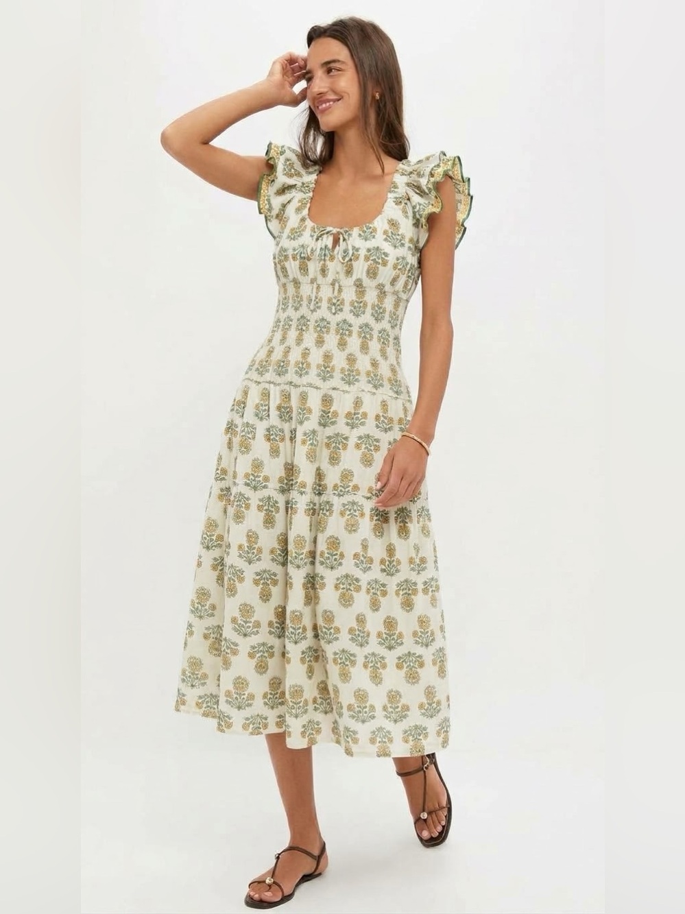 MNK Floral Smocked Tiered Floral Midi Dress Poplin Cotton, size M